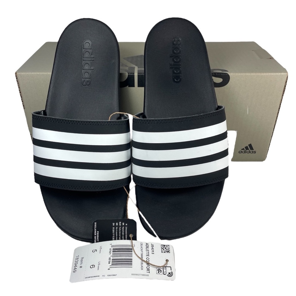 NWT Adidas Adilette Comfort Black and White Striped Unisex Slides, Size 6